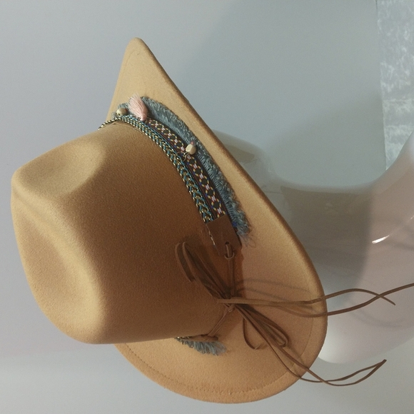 Unisex Western Southern Tan Cowboy Hat Turquoise Tassels Pendants Fringe Accent - Picture 3 of 13
